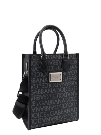 Shop Dolce & Gabbana Coated Canvas And Leather Handbag With All-over Logo In Black