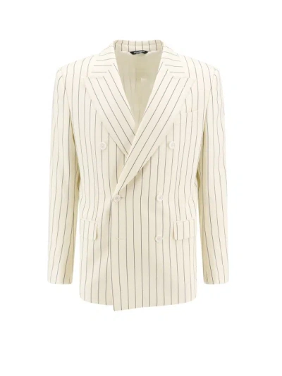 Shop Dolce & Gabbana Wool And Silk Blazer With Striped Motif In Neutrals