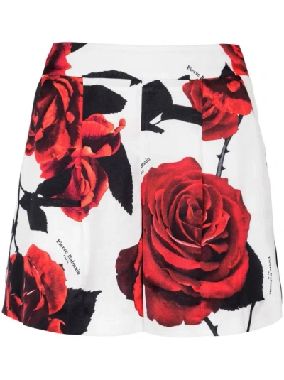 Shop Balmain Multicolored Rose-print Shorts