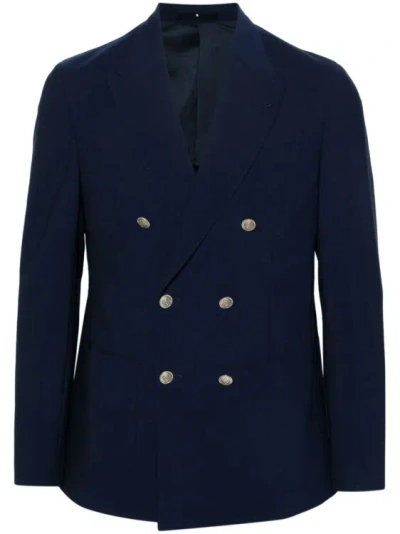 Shop Eleventy Navy Blue Double Breasted Jacket