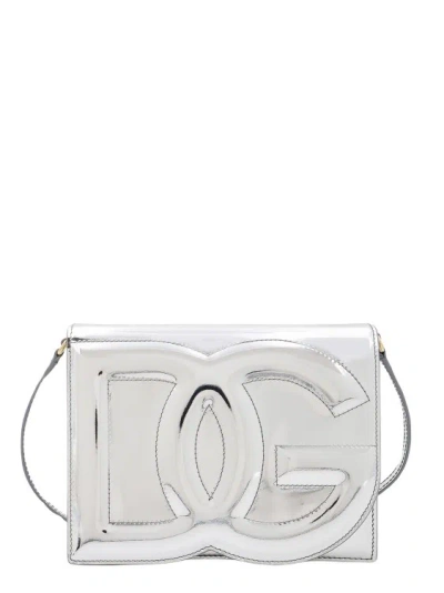 Shop Dolce & Gabbana Mirrored Leather Shoulder Bag With Frontal Monogram In Silver