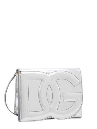 Shop Dolce & Gabbana Mirrored Leather Shoulder Bag With Frontal Monogram In Silver