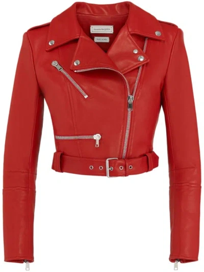 Shop Alexander Mcqueen Red Cropped Biker Jacket