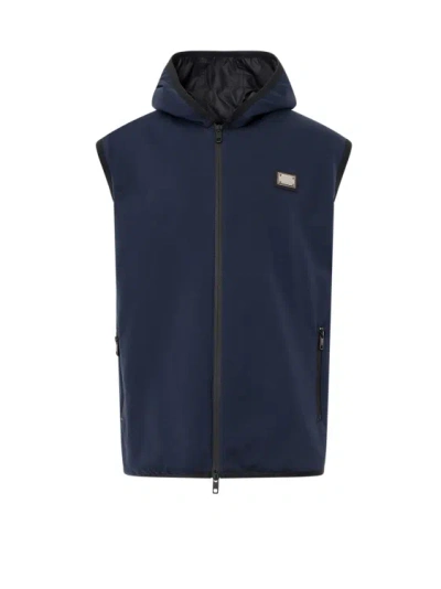 Shop Dolce & Gabbana Sleeveless Jacket With Hood In Blue
