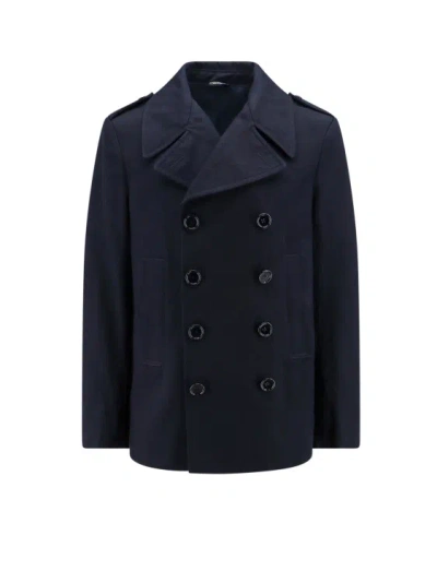 Shop Dolce & Gabbana Cotton Coat With Metal Logo Patch In Blue