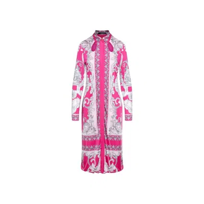 Shop Versace Baroque Printed Midi Dress In Pink