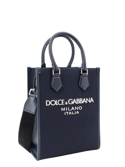 Shop Dolce & Gabbana Nylon And Leather Handbag With Embossed Logo In Blue