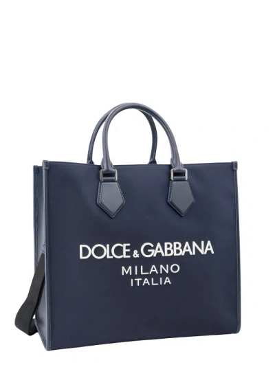 Shop Dolce & Gabbana Nylon And Leather Handbag With Frontal Logo Print In Blue