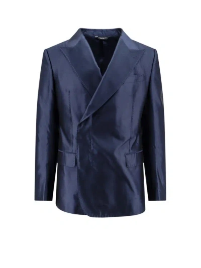 Shop Dolce & Gabbana Satin Blazer With Peak Lapel In Blue