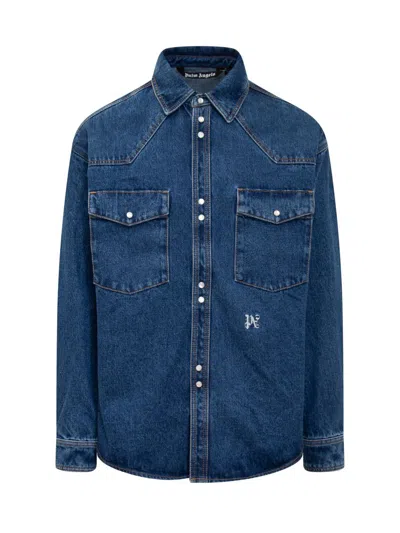 Shop Palm Angels Jeans Shirt With Monogram Pa In Blue