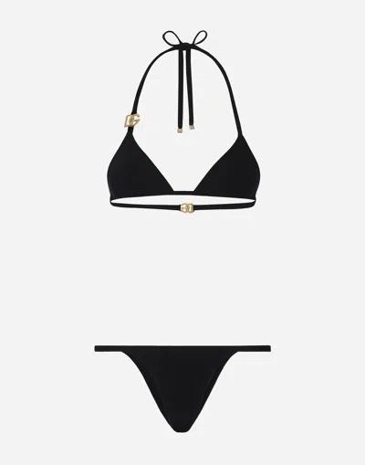 Dolce & Gabbana Embellished Halterneck Triangle Bikini In Black