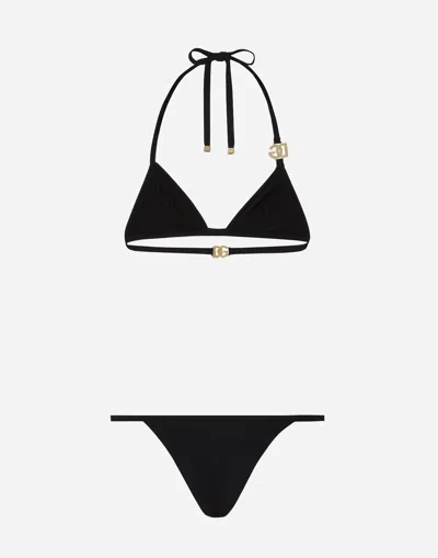 Dolce & Gabbana Embellished Halterneck Triangle Bikini In Black