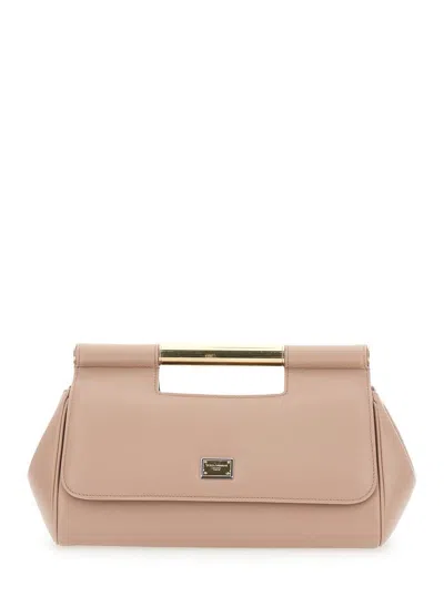Shop Dolce & Gabbana 'sicily' Pink Handbag With Logo Plaque In Smooth Leather Woman In Beige