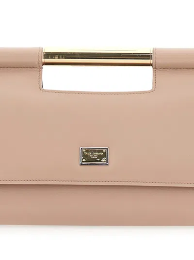 Shop Dolce & Gabbana 'sicily' Pink Handbag With Logo Plaque In Smooth Leather Woman In Beige
