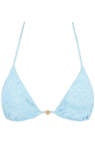 Shop Versace Baroque Bikini Top In Light Blue