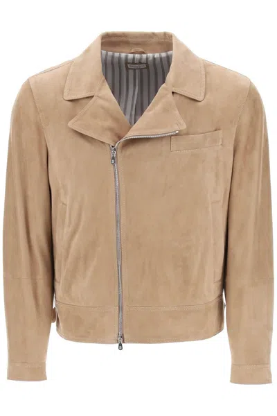 Shop Brunello Cucinelli Suede Biker Jacket In Leather In Beige