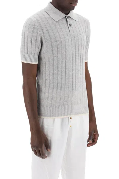 Shop Brunello Cucinelli Ribbed Knit Polo Shirt In Grey
