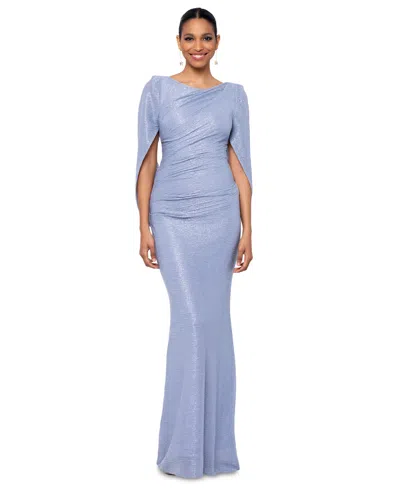 Shop Betsy & Adam Petite Metallic Crinkled Cape Gown In Blue,silver
