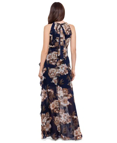 Shop Betsy & Adam Women's Floral-print Ruffled Chiffon Gown In Navy Antique