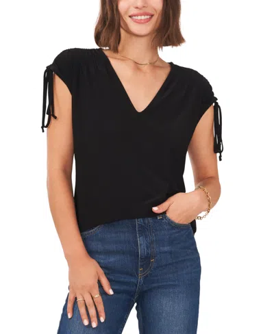 Shop Vince Camuto Women's Solid Color V-neck Shirred Shoulder Top In Rich Black