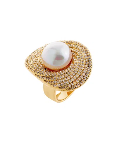 Shop By Adina Eden Fancy Pave Curved Imitation Pearl Ring In Gold