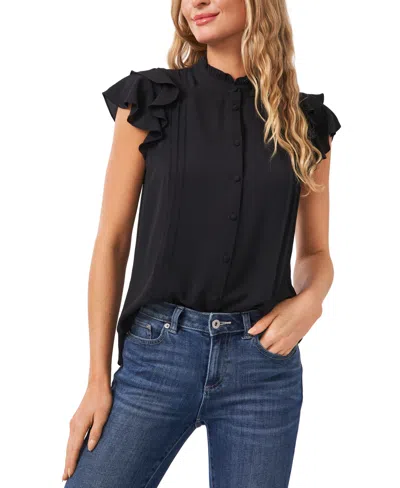 Shop Cece Women's Short Sleeve Pin-tuck Ruffled Button-up Blouse In Rich Black