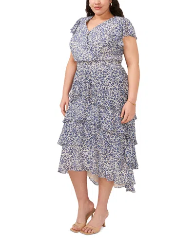 Shop Msk Plus Size Printed Tiered Flutter-sleeve Midi Dress In Ivory Navy
