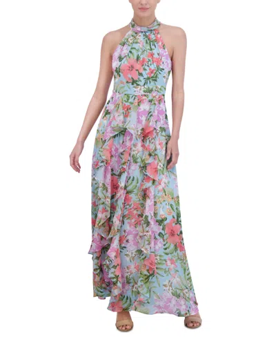 Shop Eliza J Women's Floral-print Ruffled Halter Maxi Dress In Light Blue