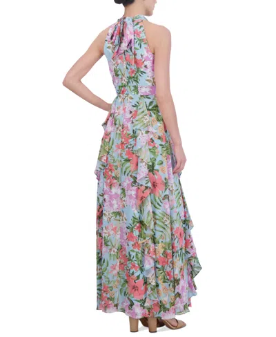 Shop Eliza J Women's Floral-print Ruffled Halter Maxi Dress In Light Blue