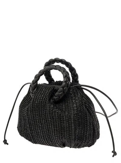 Shop Hereu Woven Bombon Black Handbag With Braided Handles In Woven Leather Woman