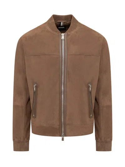 Shop Hugo Boss Lambskin Leather Jacket In Brown