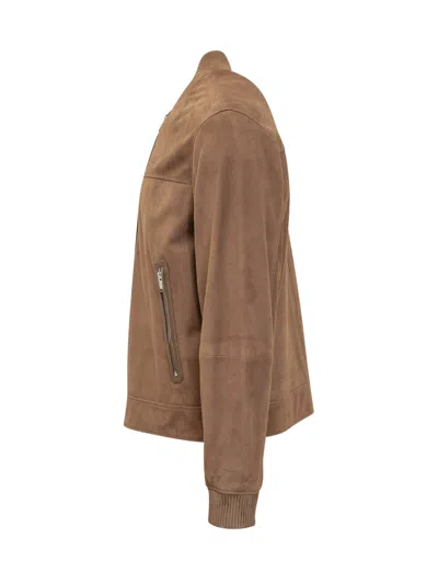 Shop Hugo Boss Lambskin Leather Jacket In Brown