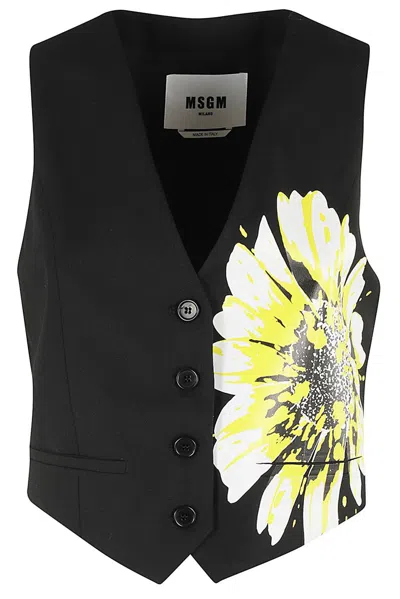 Shop Msgm Floral-printed V-neck Waistcoat In Black