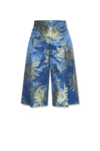Shop Etro Floral-jacquard Belted Wide-leg Shorts In Blue