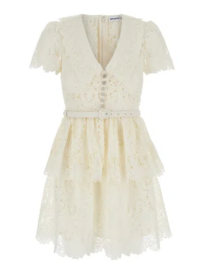 Shop Self-portrait White Mini Dress With Belt In Lace Woman