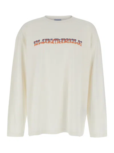 Bluemarble White Sweater With Maxi Print In Cotton Man In White