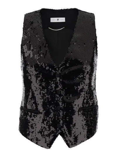 Shop Pt01 Black Sequins Vest In Techno Fabric Woman