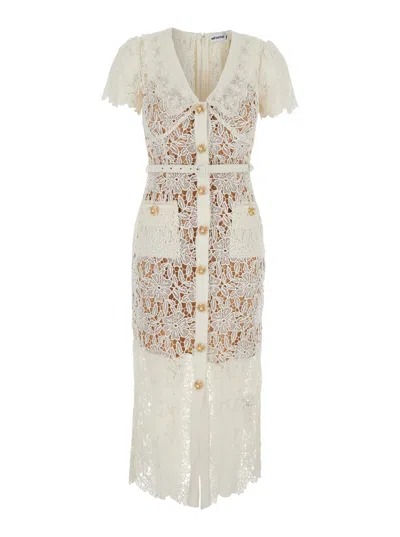 Shop Self-portrait White Double-layer Midi Dress In Lace Woman