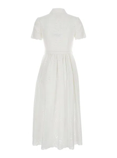 Shop Self-portrait White Chemisier Long Dress In Broderie Anglaise Woman