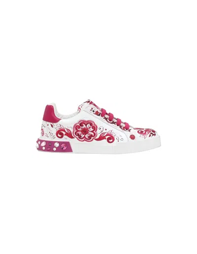 Shop Dolce & Gabbana Portofino Sneakers With Fuchsia Majolica Print In Pink