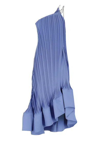 Shop Lanvin Satin Pleated Dress In Light Blue