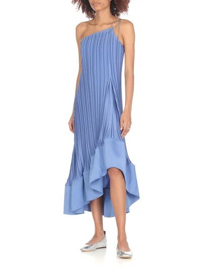 Shop Lanvin Satin Pleated Dress In Light Blue