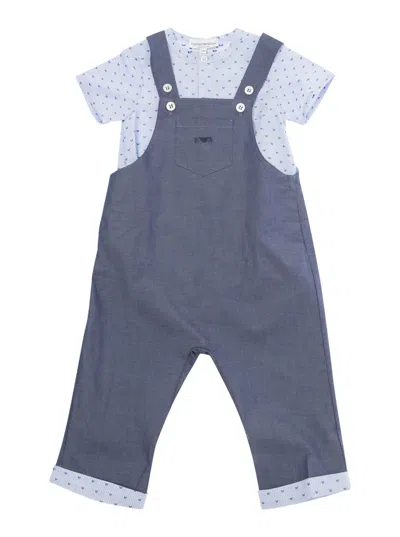 Shop Emporio Armani Blue Dungarees With Logo Embroidery In Cotton Baby