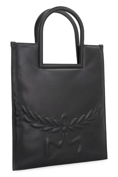 Mcm Nappa Leather Shopping Bag With Laurel Motif In Black