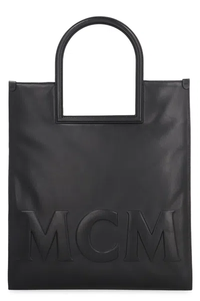 Mcm Nappa Leather Shopping Bag With Laurel Motif In Black