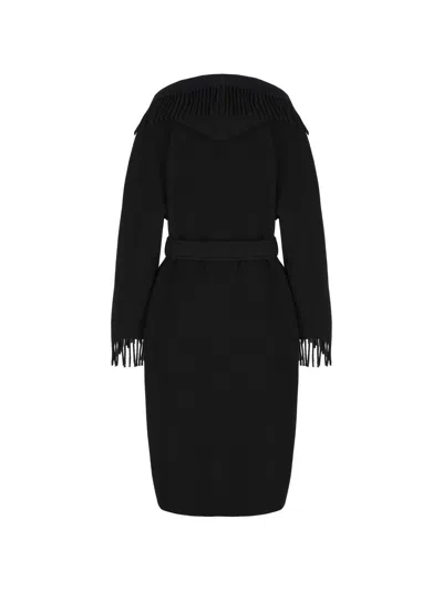 Shop Balenciaga Belted Fringed Coat In Black