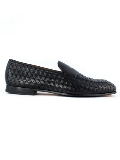 Shop Doucal's Black Leather Penny Loafers Doucals In Blue