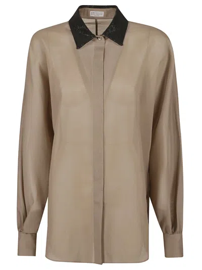 Shop Brunello Cucinelli Embellished Collar Shirt In Cofee