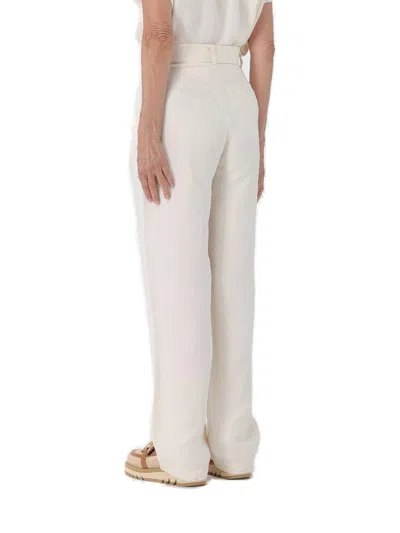 Shop Woolrich Belted Straight Leg Pleated Trousers  In White