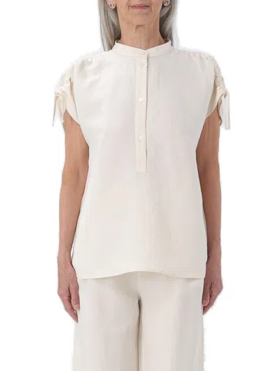 Shop Woolrich Ruched Straight Hem Sleeveless Shirt  In White